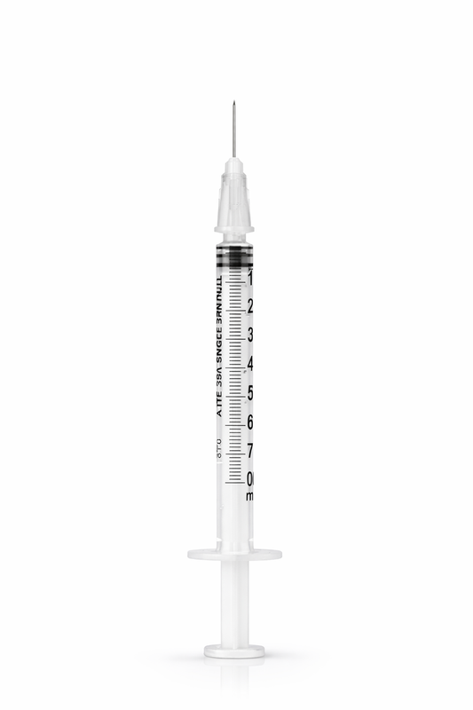 1 ml spruta med vit tunn kanyl 31G (0,25 x 12,5 mm), steril engångsspruta
