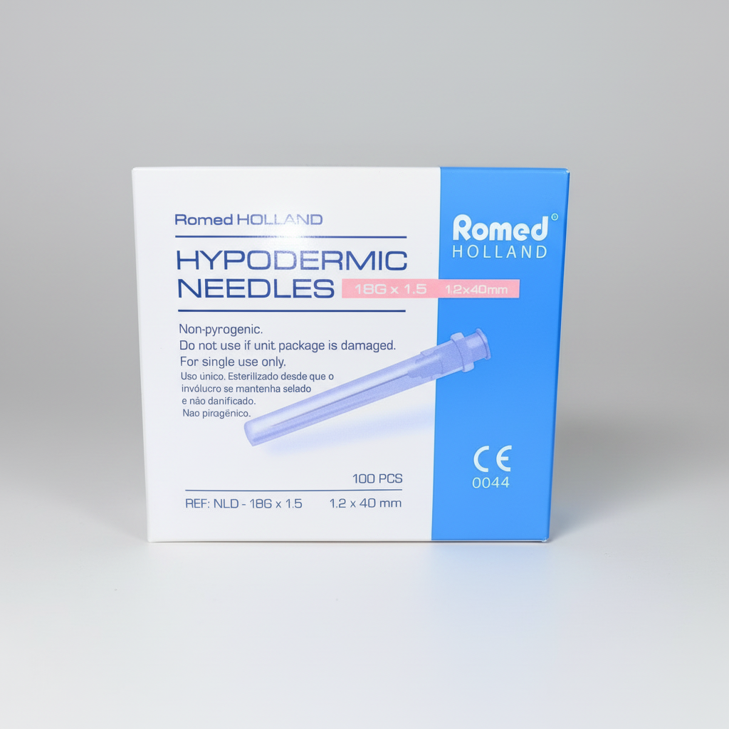 Romed hypodermisk kanyl– 100 st 18G (1,2 × 40 mm), rosa