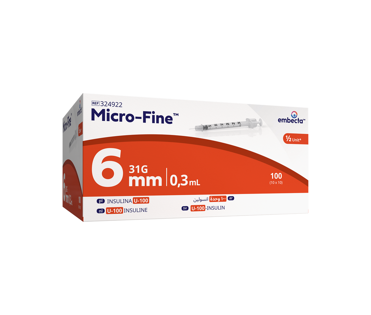 Förpackning med 100 Micro-Fine™ insulinsprutor från embecta, 0,3 ml med integrerad kanyl 31G (0,25 × 6 mm).
