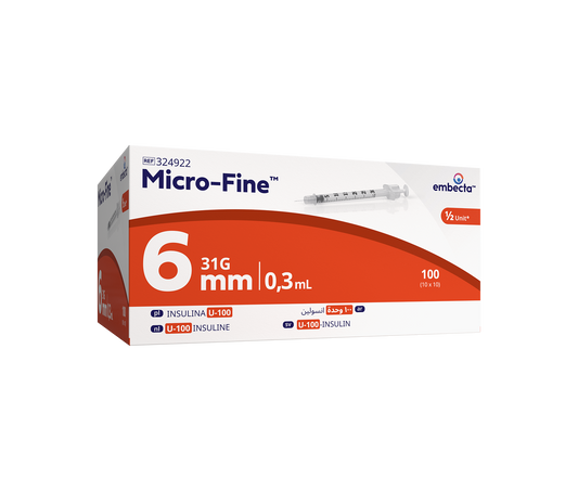 Förpackning med 100 Micro-Fine™ insulinsprutor från embecta, 0,3 ml med integrerad kanyl 31G (0,25 × 6 mm).