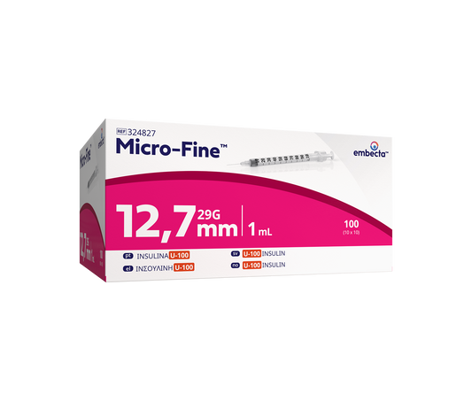 Micro-Fine insulinsprutor från embecta, 1 ml med integrerad kanyl 29G (0,33 × 12,7 mm), 100-pack