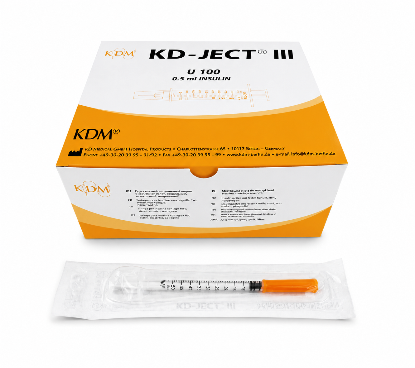 Insulinsprutor 0,5 ml U-100 30G 0,30 × 8 mm från KDM i 100-pack.