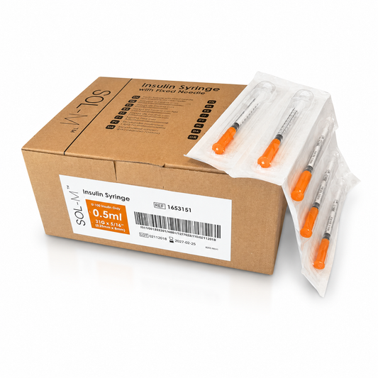 Insulinsprutor U-100 0,5 ml 31G 8 mm från Sol-M i 100-pack med integrerad kanyl.
