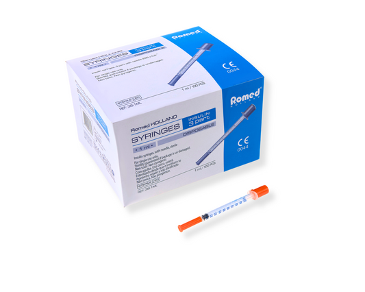 Insulinsprutor U-100 1 ml 29G 0,33 × 12,7 mm från Romed i 100-pack med integrerad kanyl.