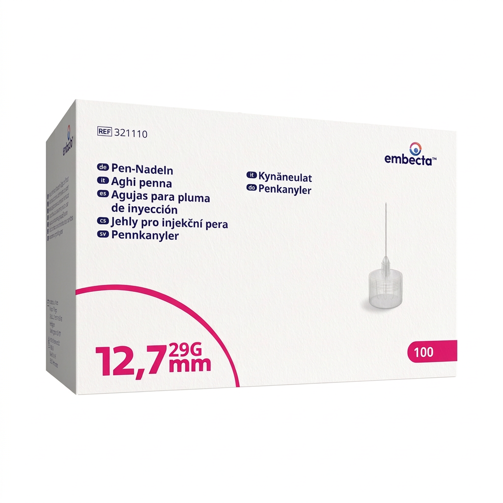 embecta pennkanyler 29G 0,33 × 12,7 mm i förpackning med rosa färgkodning, 100-pack.