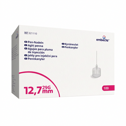 embecta pennkanyler 29G 0,33 × 12,7 mm i förpackning med rosa färgkodning, 100-pack.