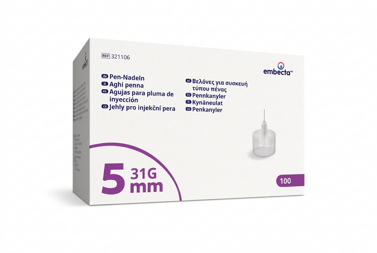 embecta pennkanyler 31G 0,25 × 5 mm i förpackning med lila färgkodning, 100-pack.