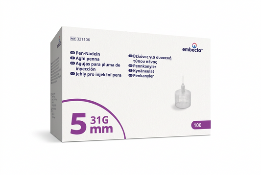 embecta pennkanyler 31G 0,25 × 5 mm i förpackning med lila färgkodning, 100-pack.
