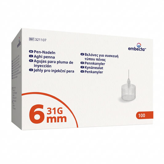 embecta pennkanyler 31G 0,25 × 6 mm i förpackning med orange färgkodning, 100-pack.