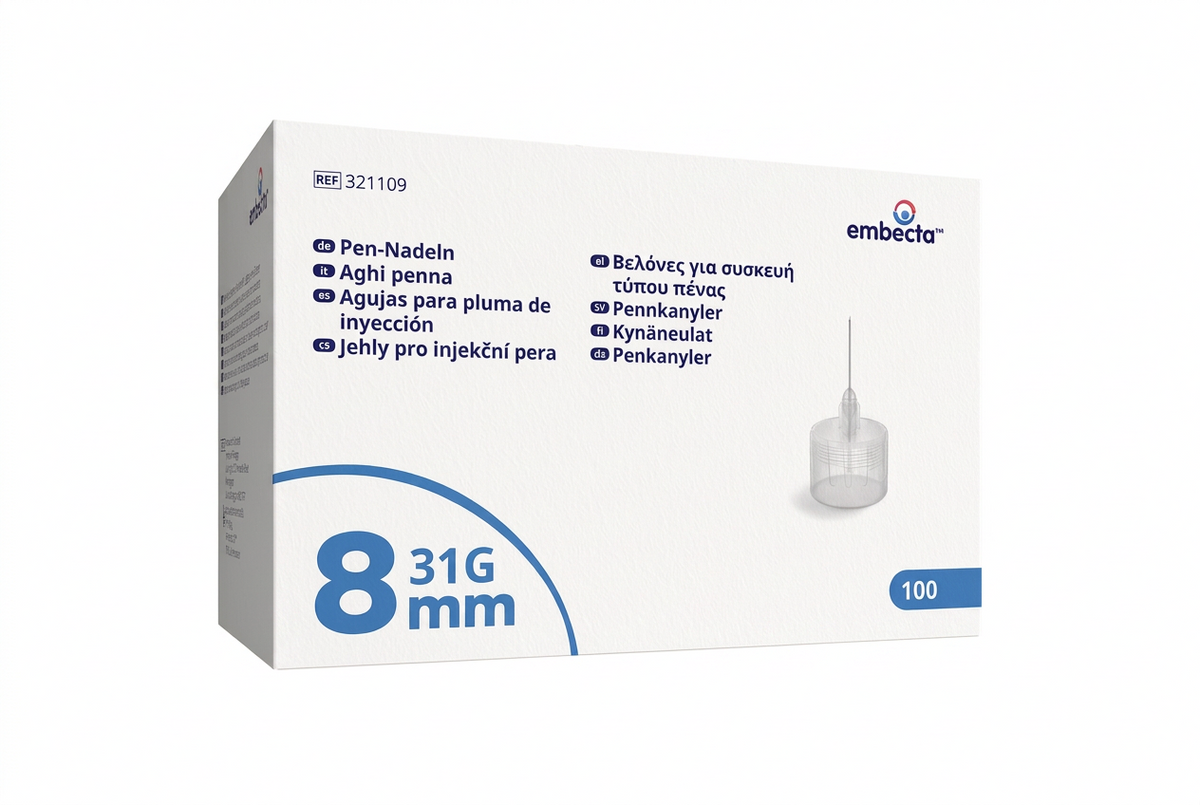embecta pennkanyler 31G 0,25 × 8 mm i förpackning med blå färgkodning, 100-pack.