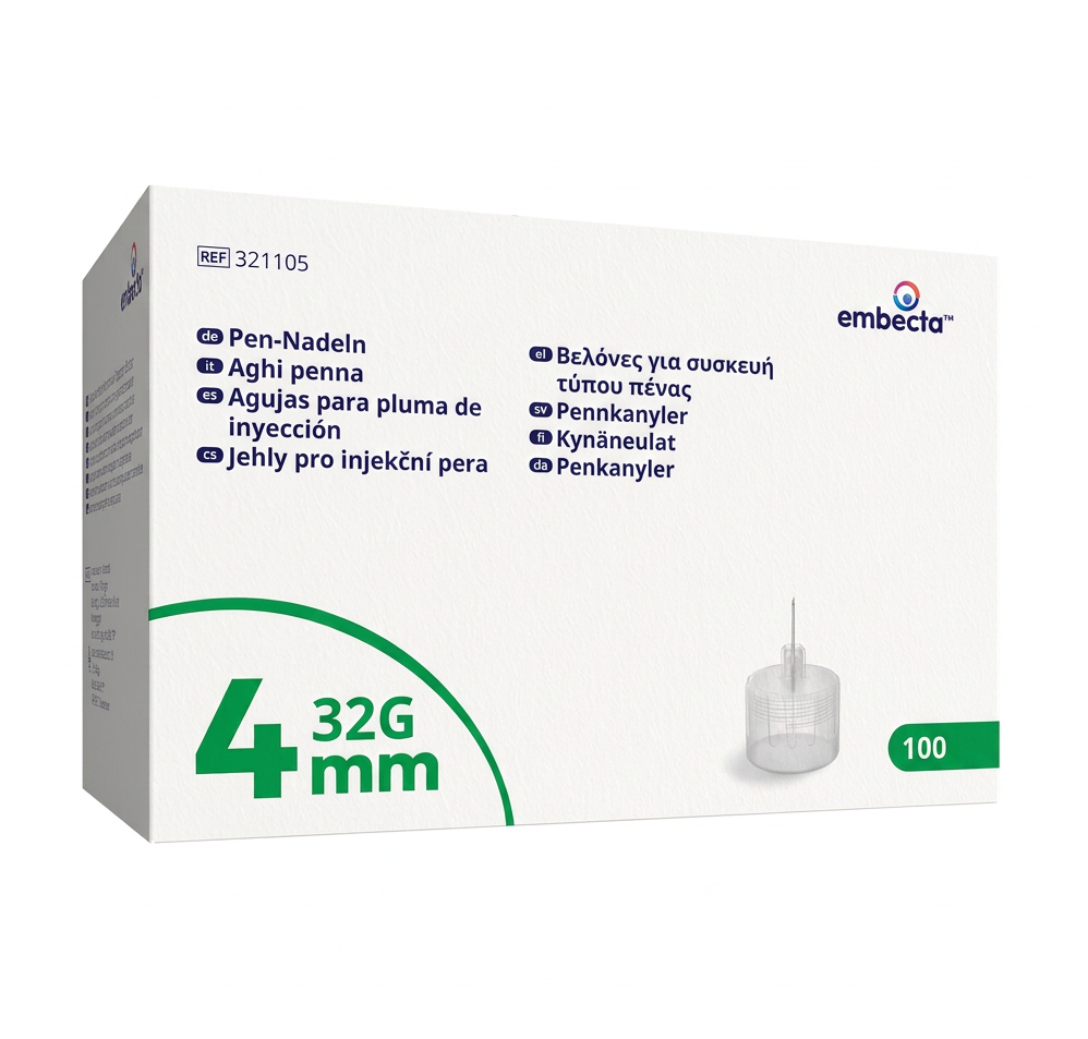 embecta pennkanyler 32G 0,23 × 4 mm – förpackning med 100st pennkanyler.