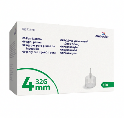embecta pennkanyler 32G 0,23 × 4 mm – förpackning med 100st pennkanyler.