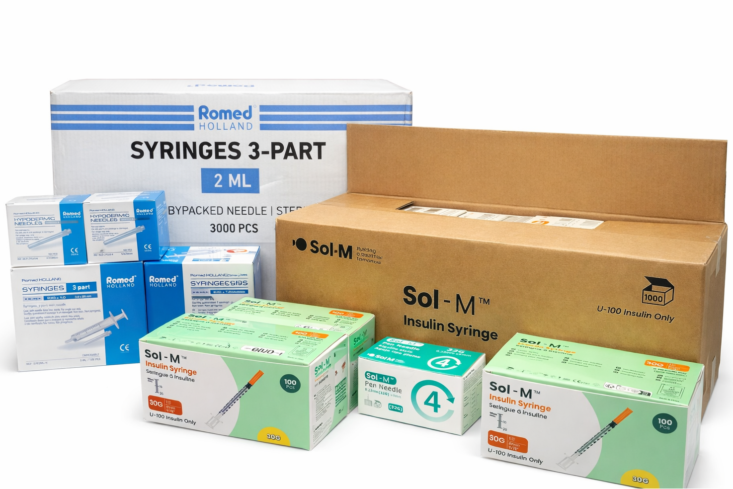 Sol-M insulinsprutor och Romed sprutor med kanyler i förpackningar
