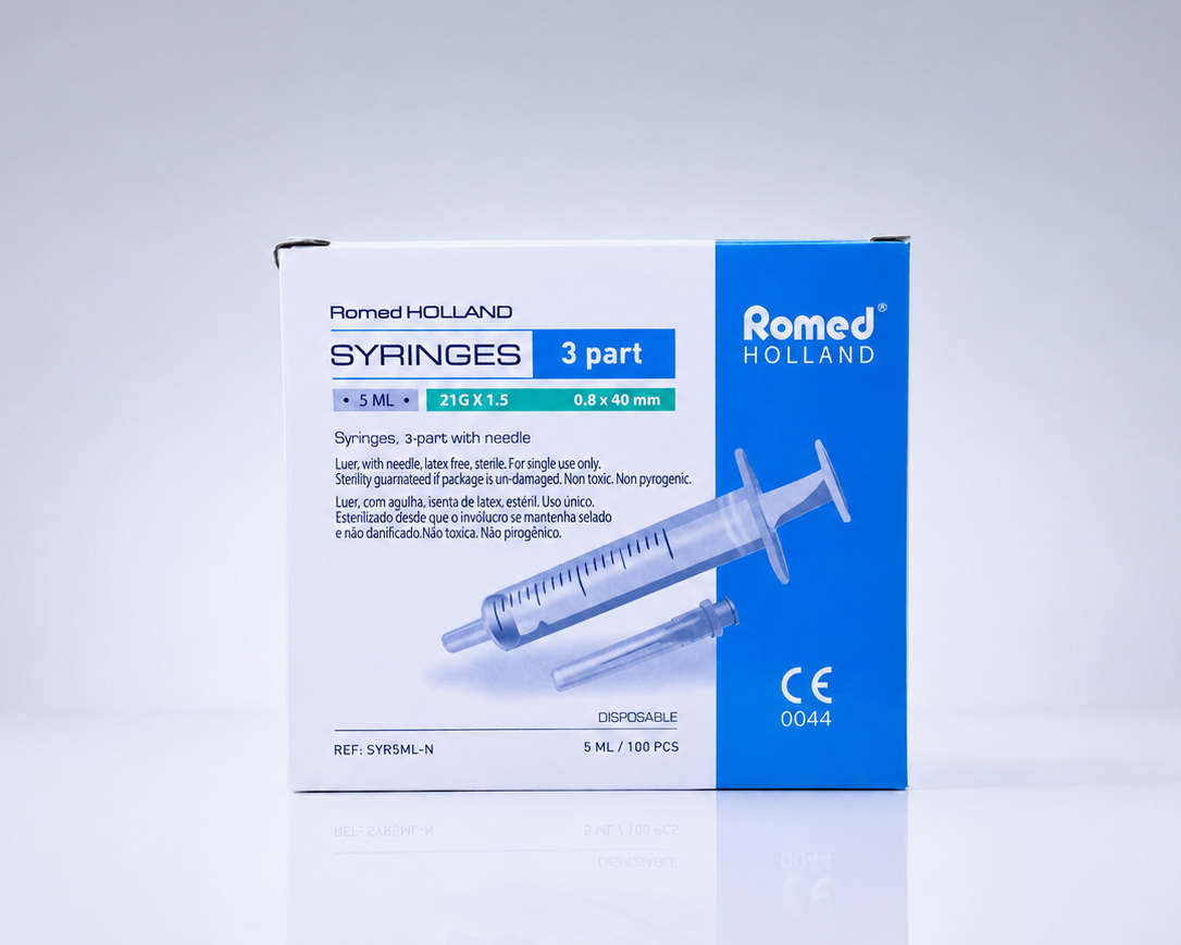 Sterila 5 ml sprutor med grön kanyl 21G i 100-pack

